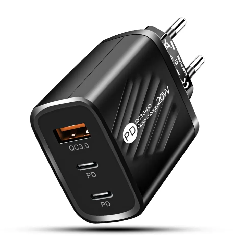 Timebox incarcator retea 20W 3 porturi negru LED Type-C USB