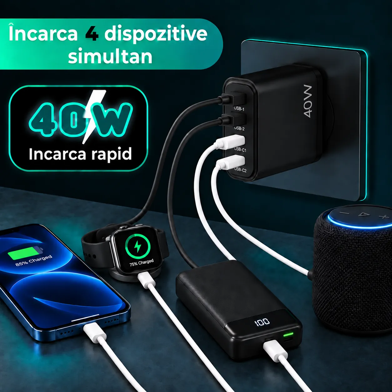 Timebox încărcător rețea 40W 4 porturi negru
