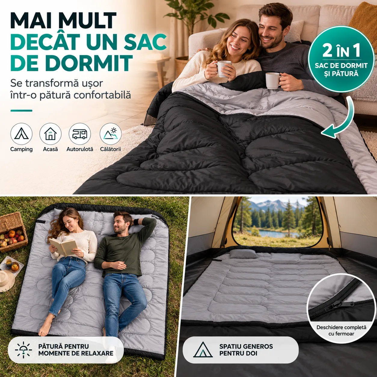 Sac de dormit Timebox 10°C 150 cm negru dublu plic