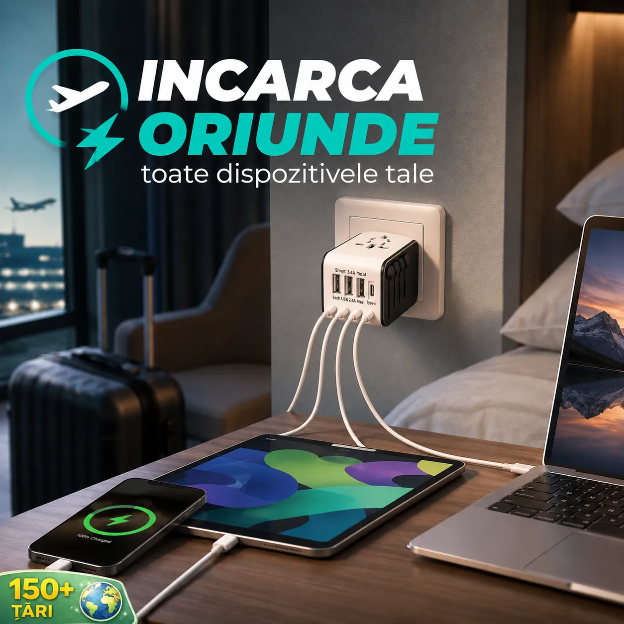 Timebox adaptor universal calatorie alb 3 USB Type-C