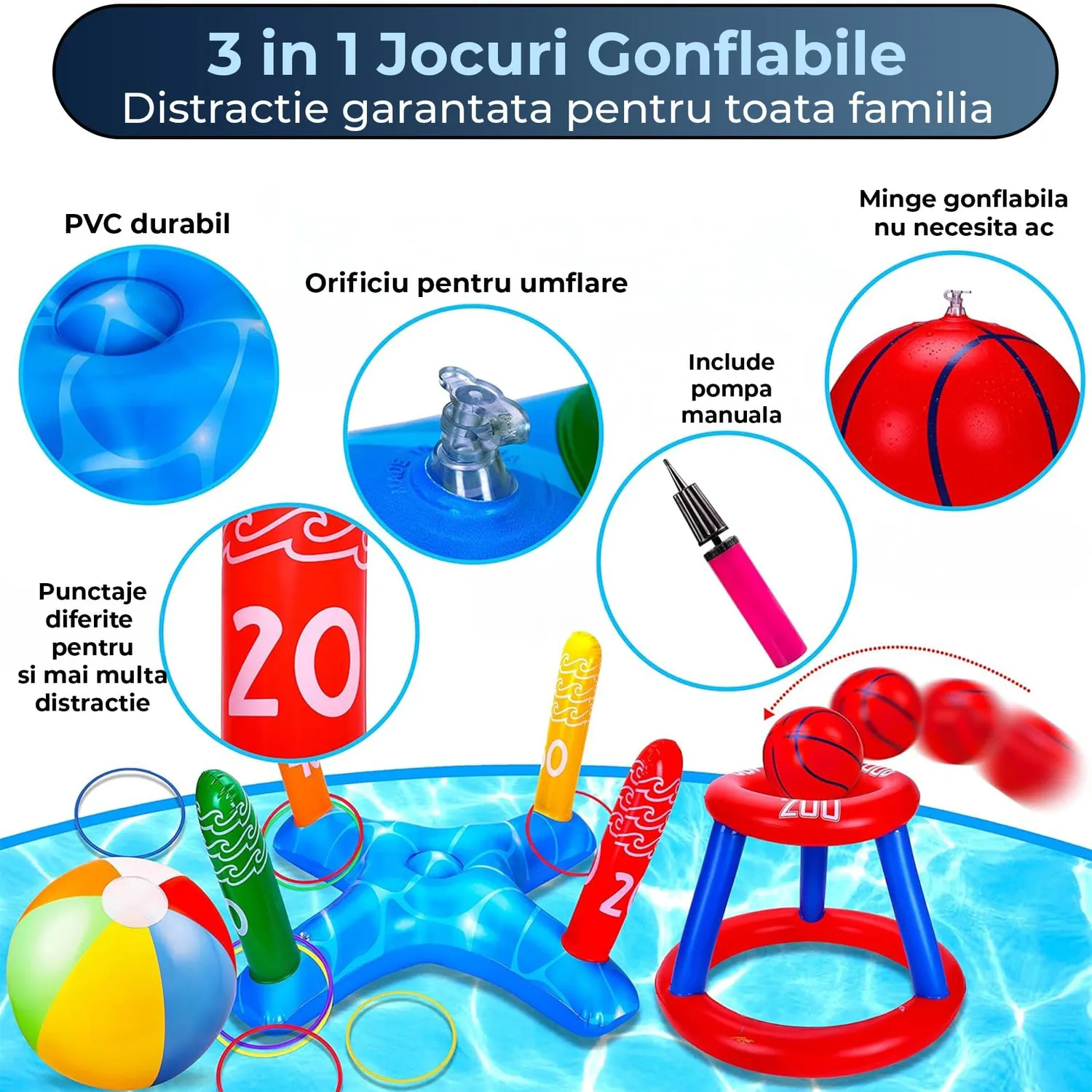 Timebox Set 3 în 1 Jocuri Gonflabile Piscină Multicolor 6 Piese