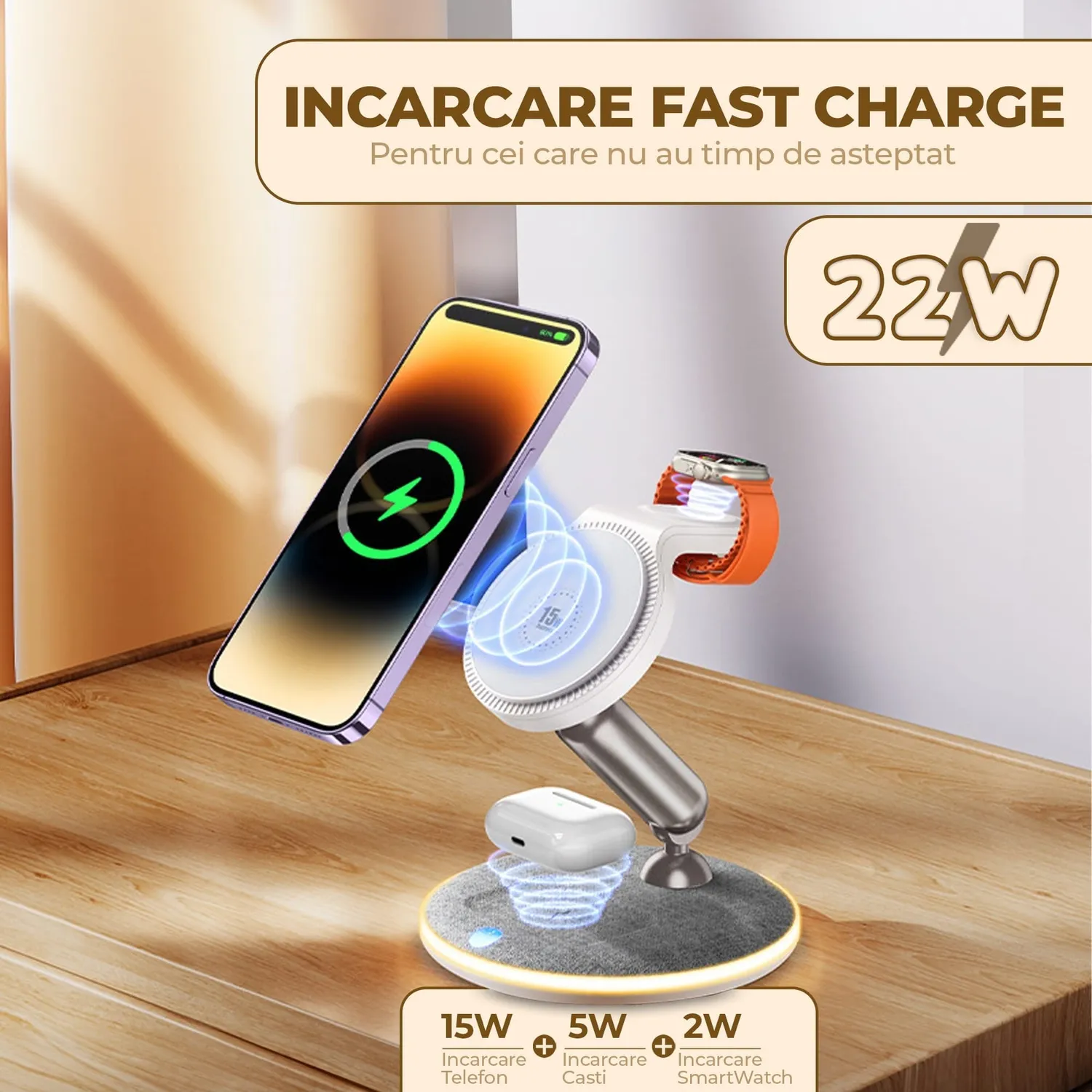 Timebox incarcator wireless 22W alb MagSafe pliabil