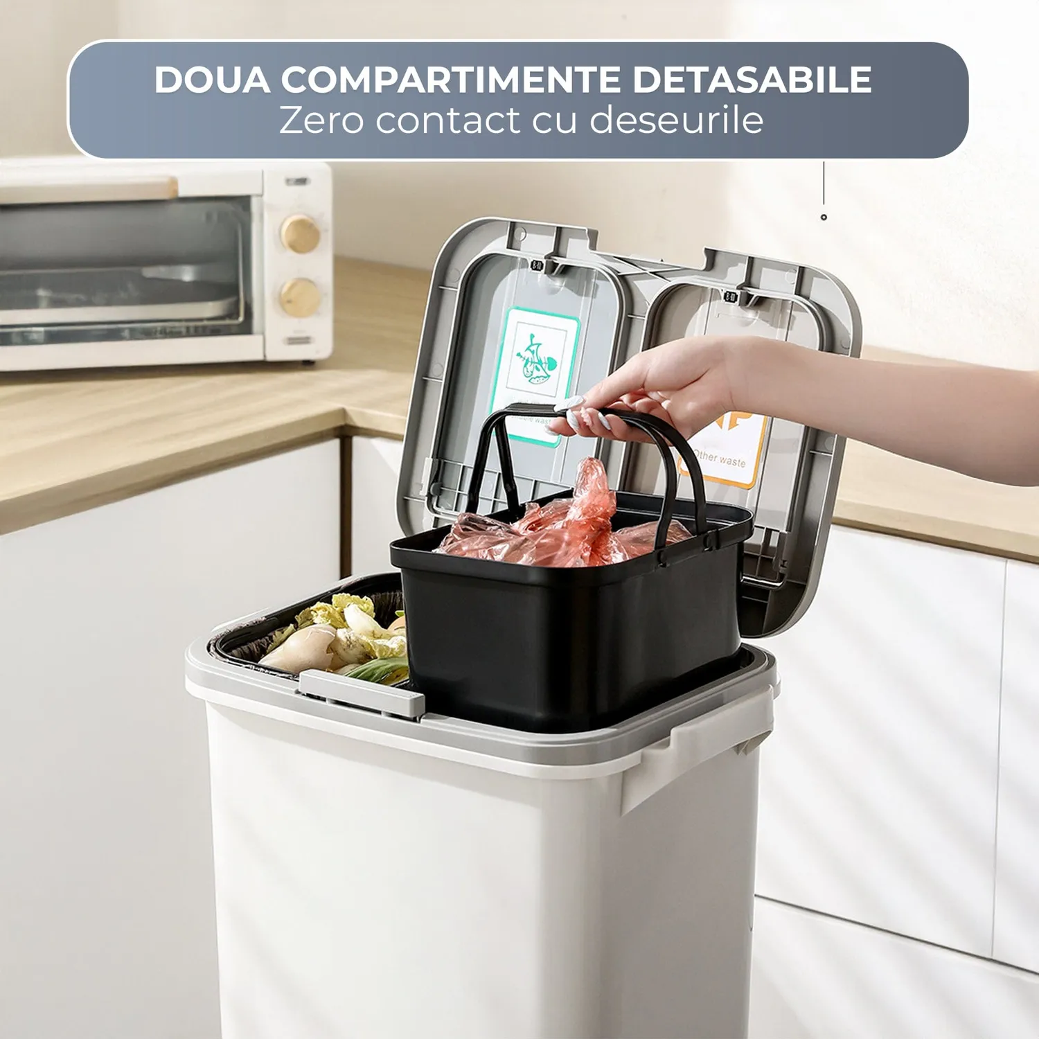 Timebox 42L cos gunoi bucatarie alb dublu cu pedala silentioasa