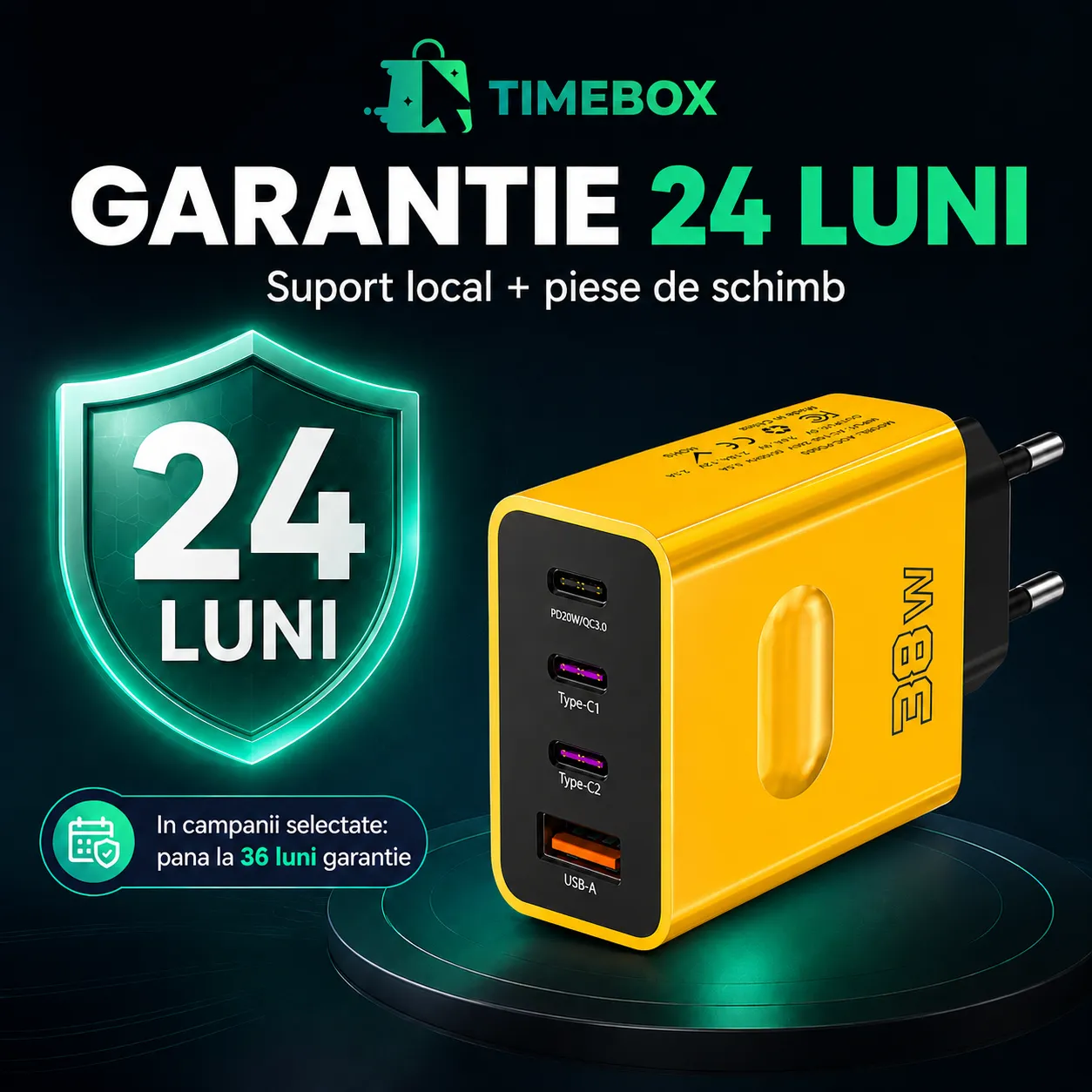 Timebox Incarcator priza 38W 4 porturi galben PD QC3.0