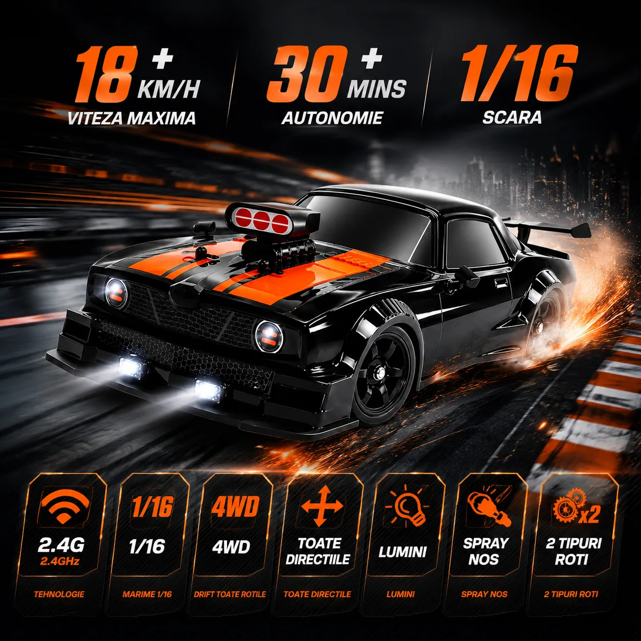 Timebox mașină drift RC 1:16 20 km/h negru portocaliu