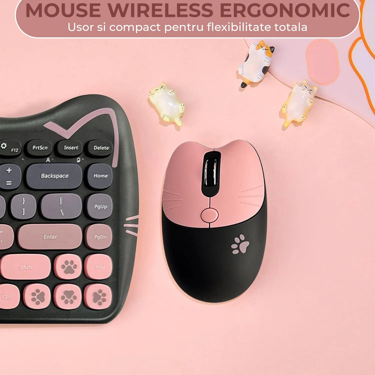 Timebox set tastatura mouse wireless 2.4GHz roz silentios