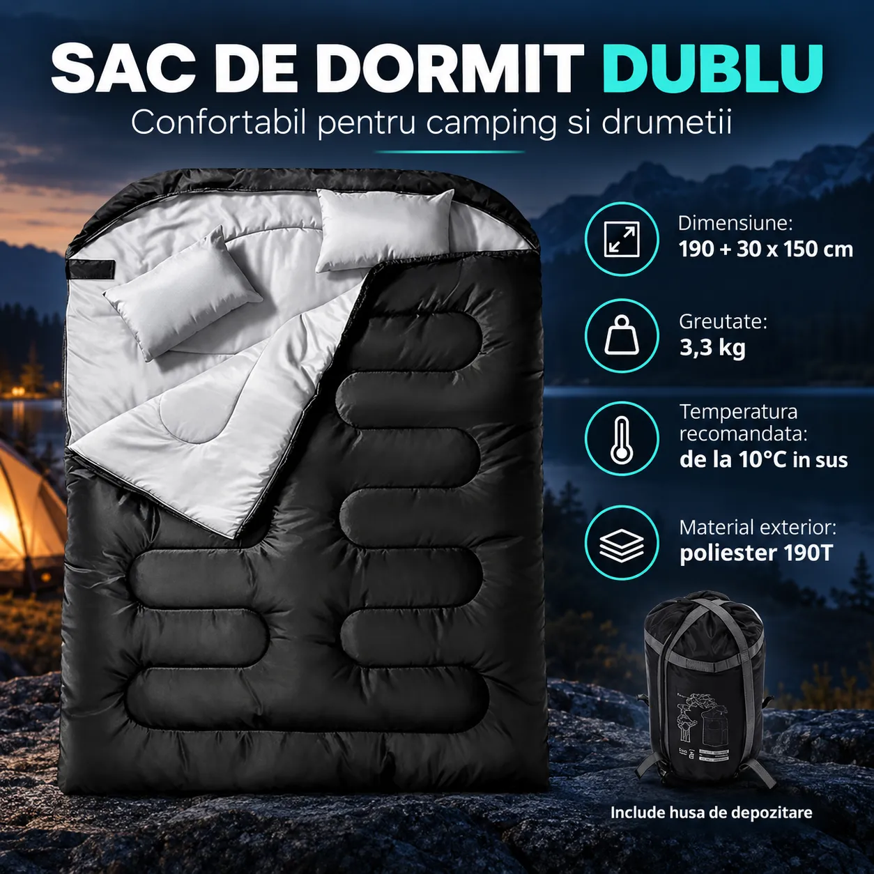 Sac de dormit Timebox 10°C 150 cm negru dublu plic