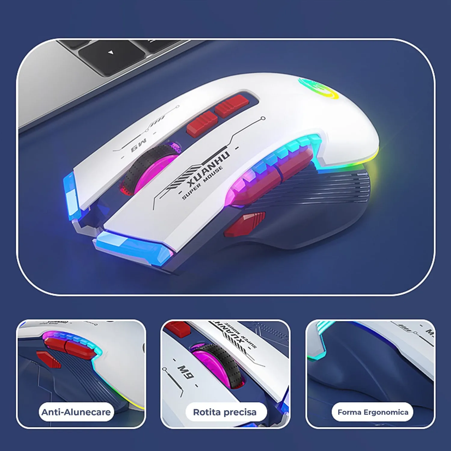 Timebox Mouse Gaming Wireless 3200 DPI Alb RGB