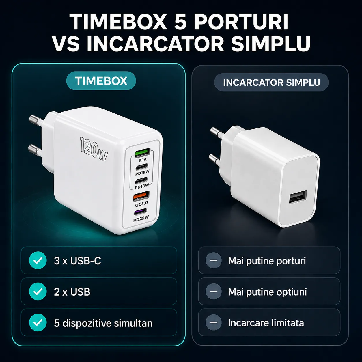 Incarcator retea Timebox 120W 5 porturi alb Quick Charge