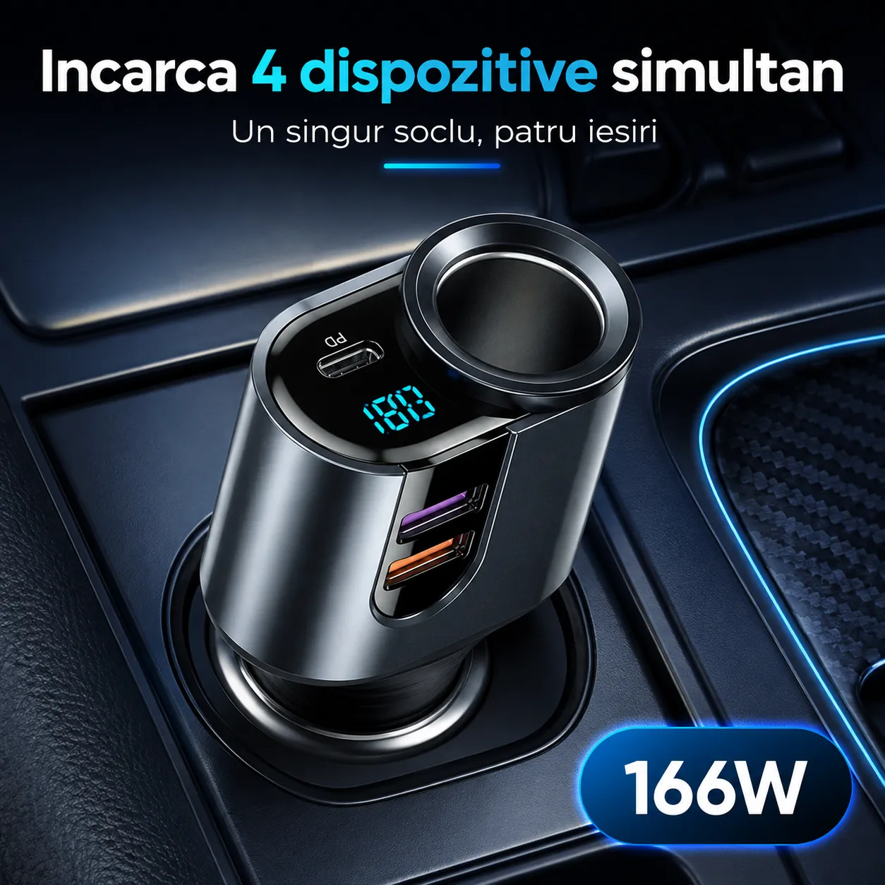 Adaptor auto Timebox 166W 4in1 negru USB-C PD