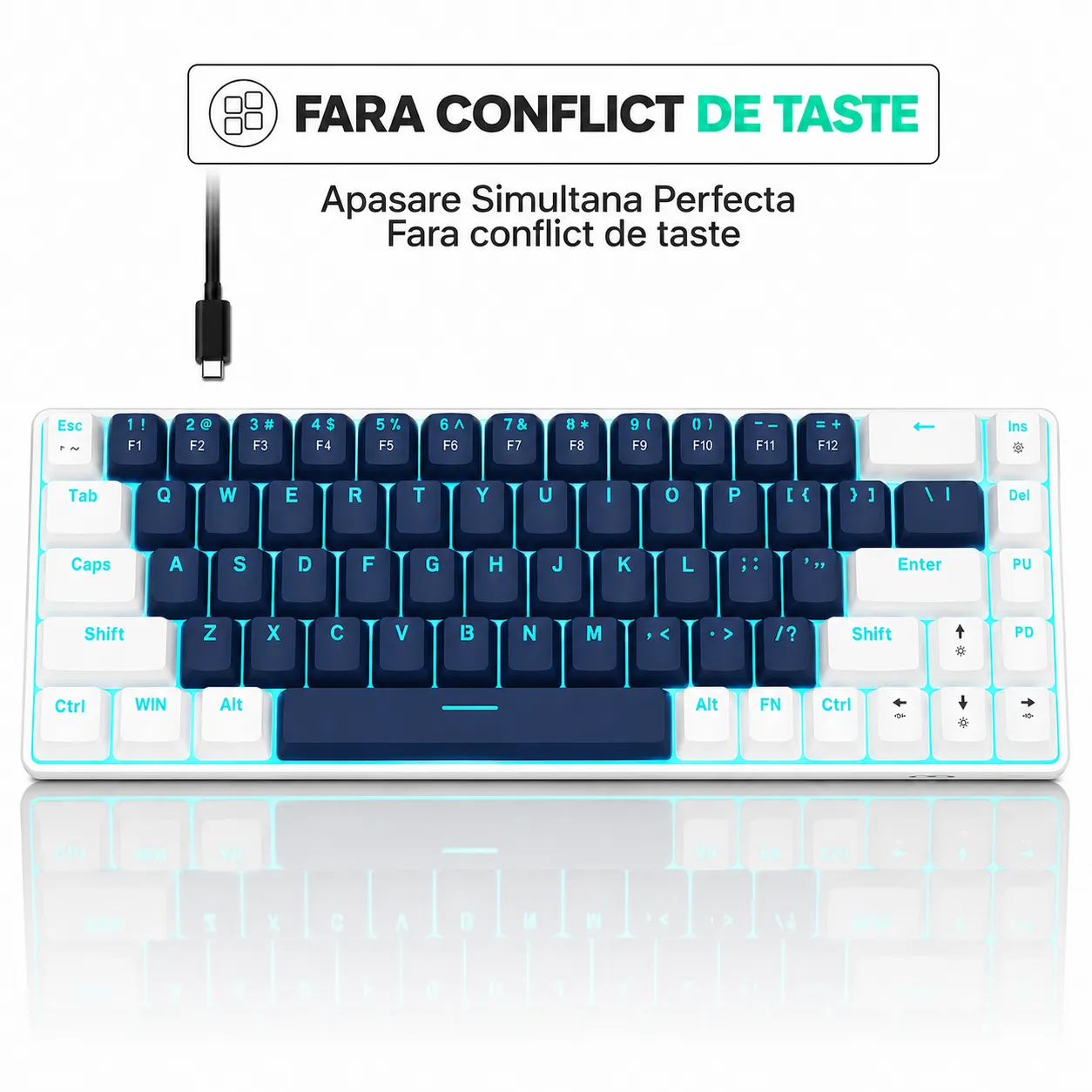 Timebox tastatură mecanică gaming 60% blue switch albastră