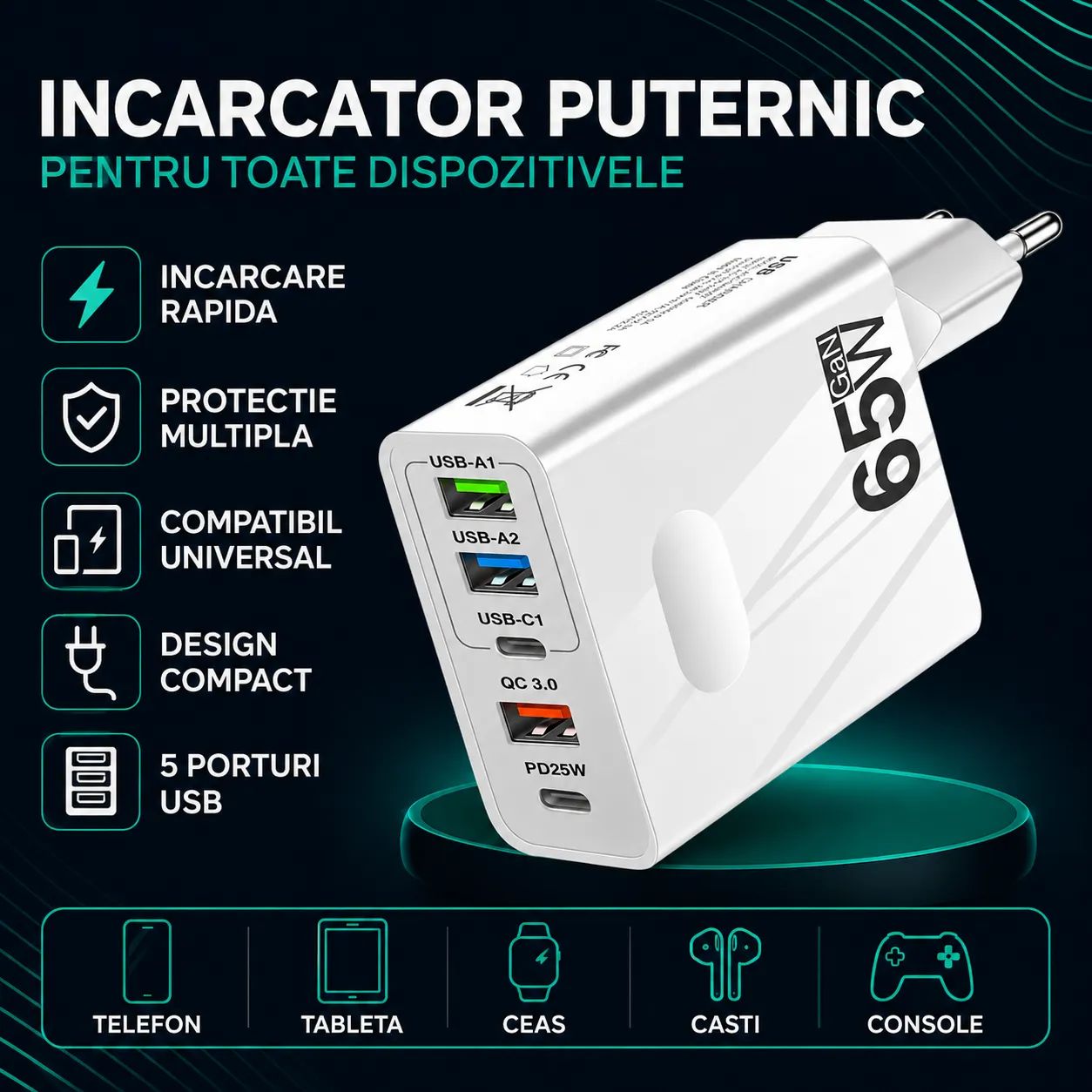 Timebox 65W incarcator retea 5 porturi alb QC3