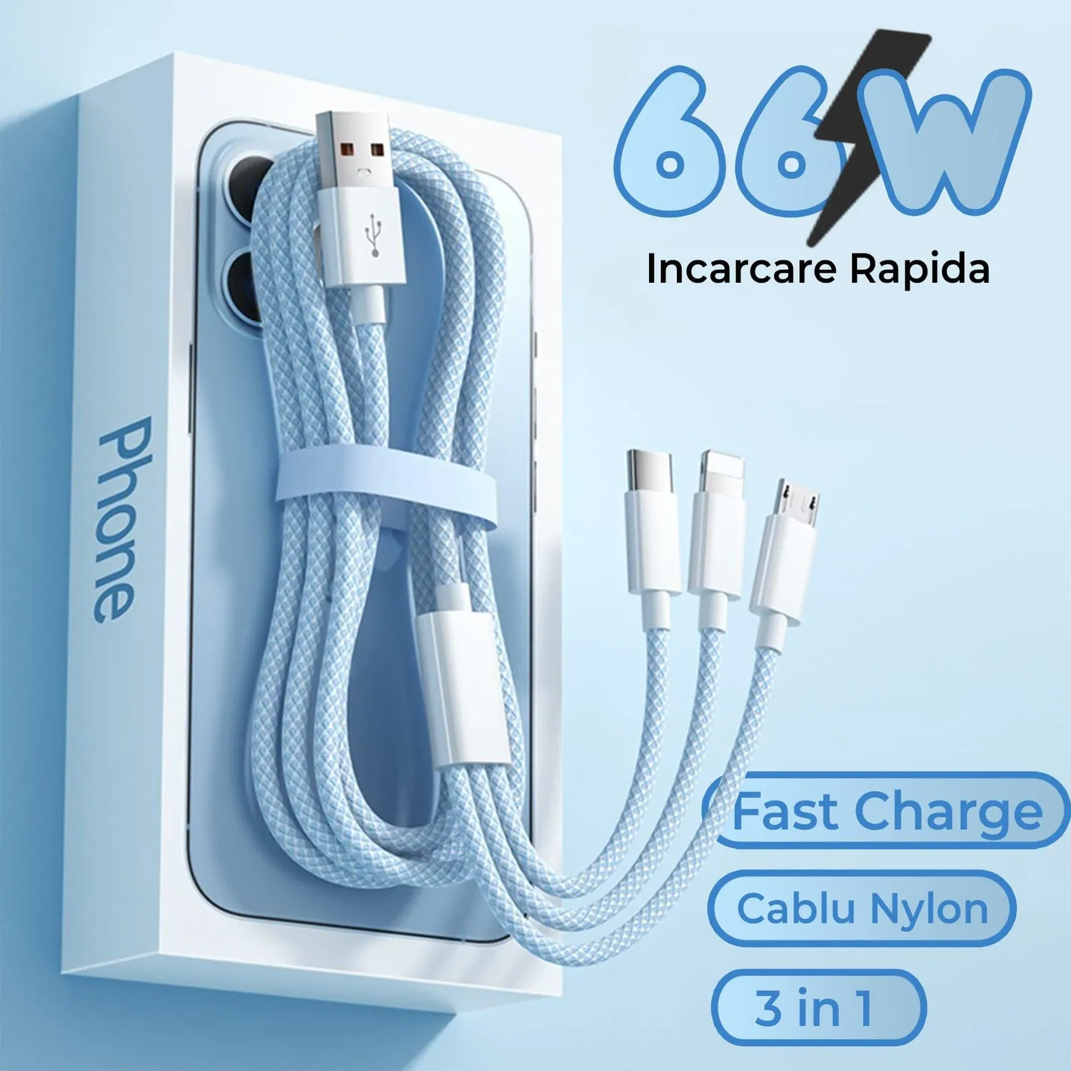 Timebox 66W 1,2m cablu 3 in 1 USB albastru