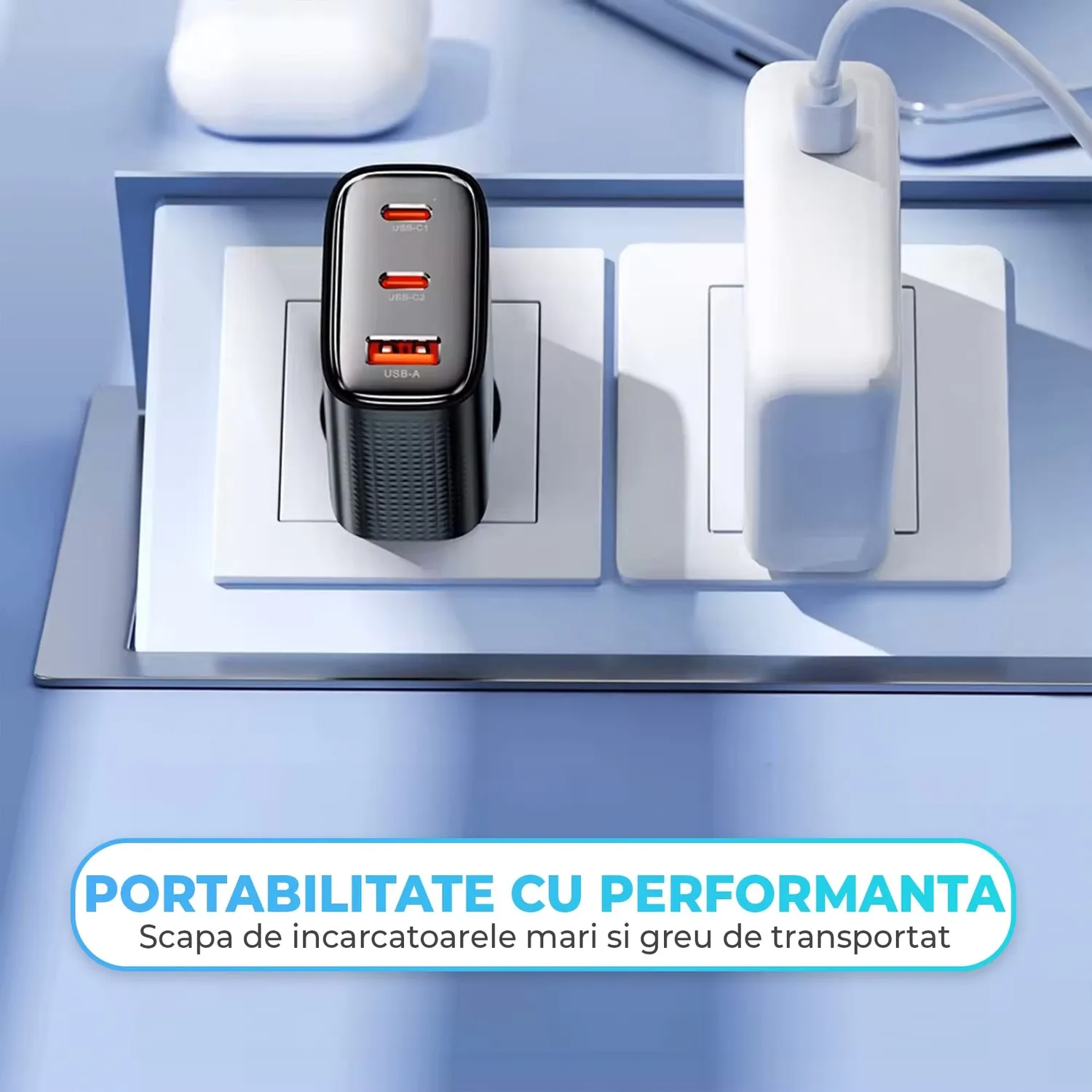 Timebox Incarcator Retea 40W 3 Porturi 2x Type-C Albastru