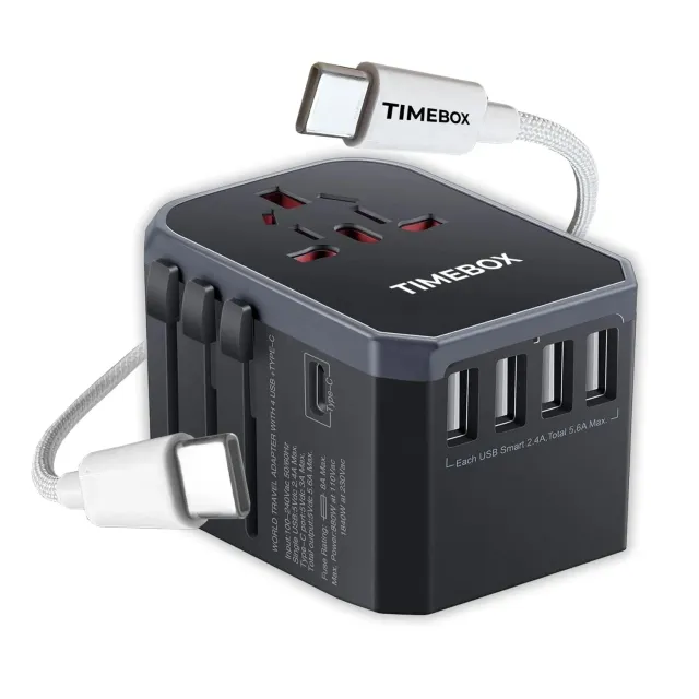 Timebox Travel adaptor universal + cablu USB-C 66W 1m alb