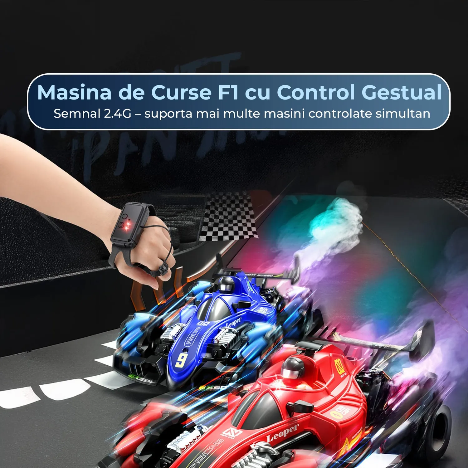 Timebox F1 Drift mașină RC neagră cu spray și gesturi 360°