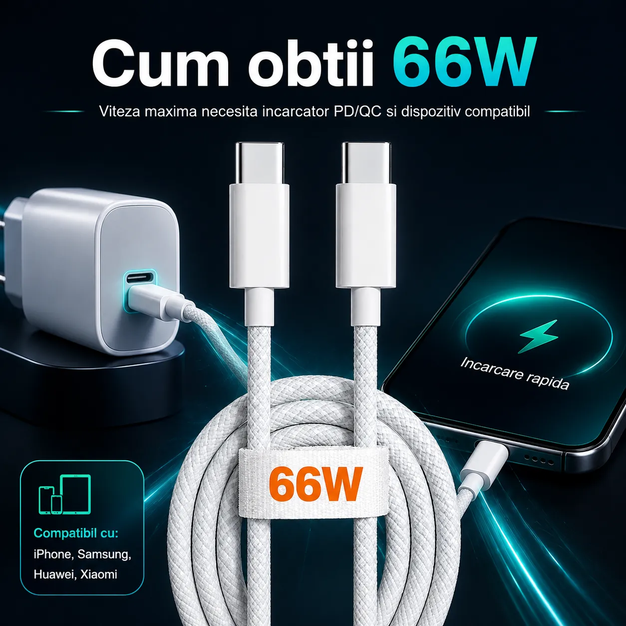 Timebox Cablu USB-C la USB-C 66W 1m alb
