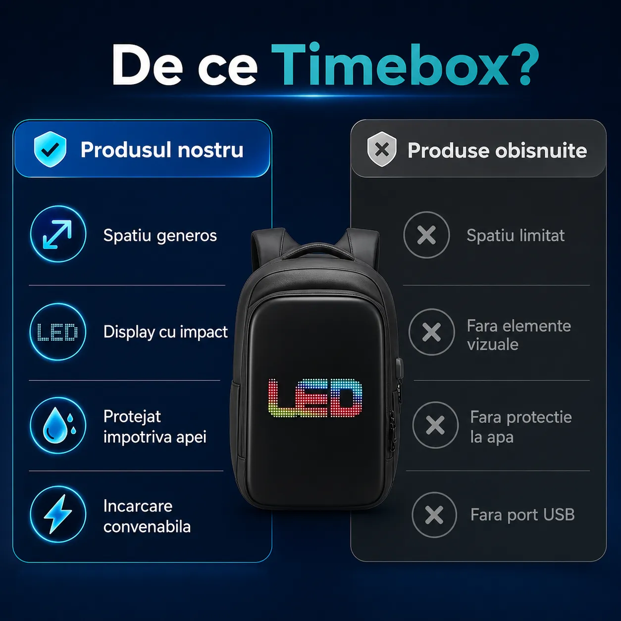 Timebox ghiozdan smart LED WiFi waterproof negru