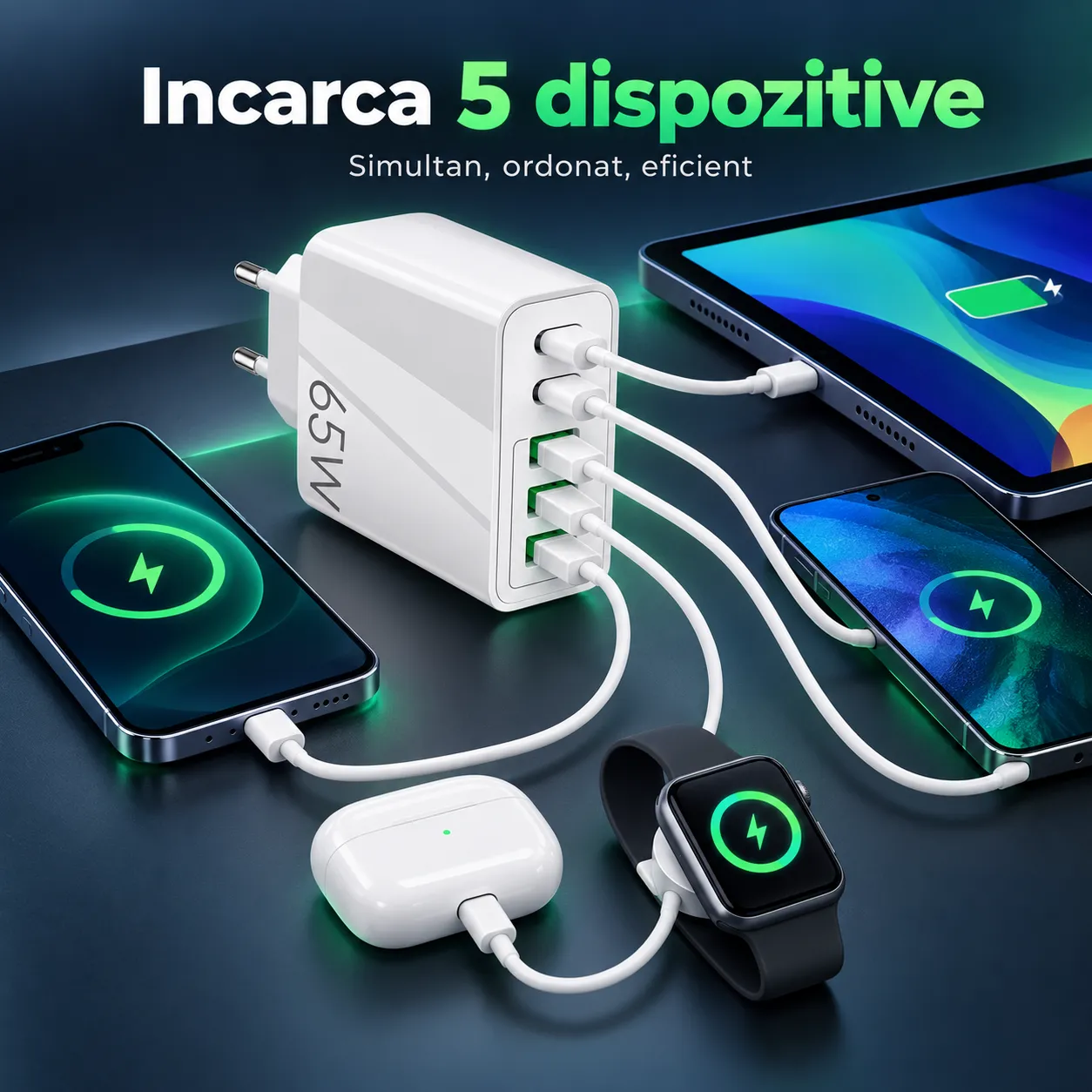 Timebox încărcător rețea 65W alb 5 porturi rapid