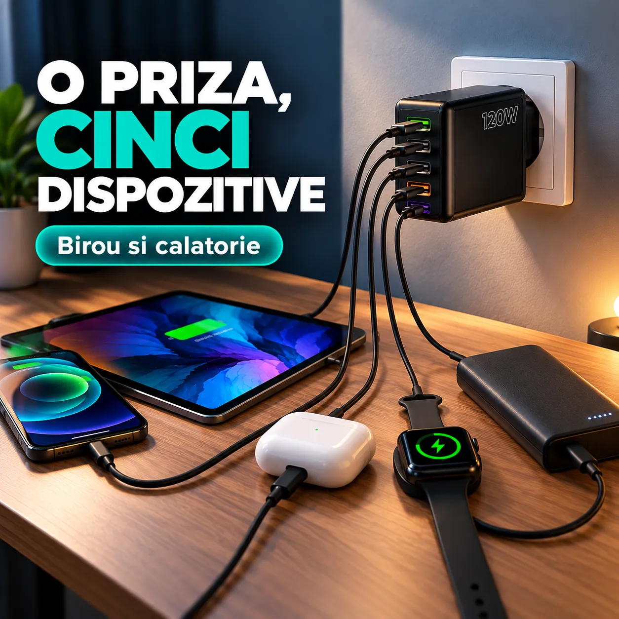 Timebox Încărcător rețea 5 porturi 120W 3x Type-C negru