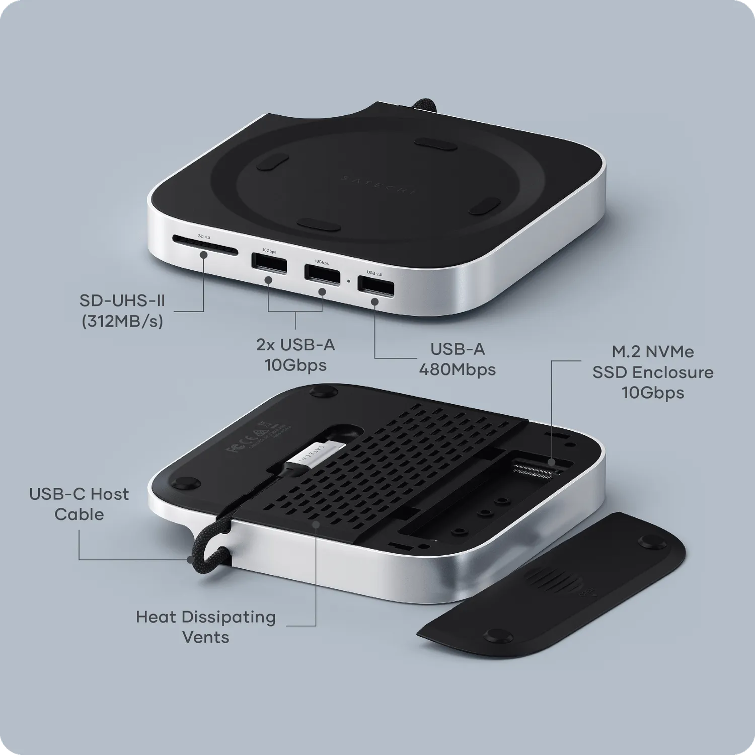 Satechi stand Mac Mini M4 hub SSD USB-A frontal