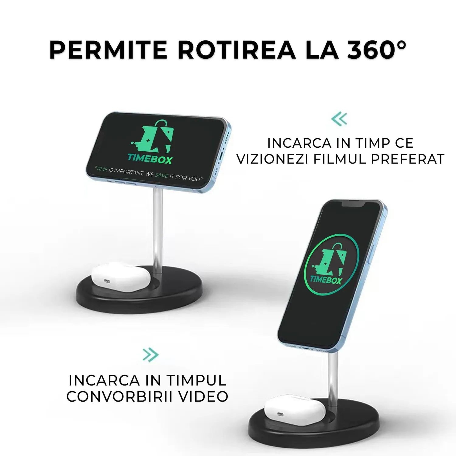 Timebox incarcator wireless 15W 2 in 1 telefon + casti
