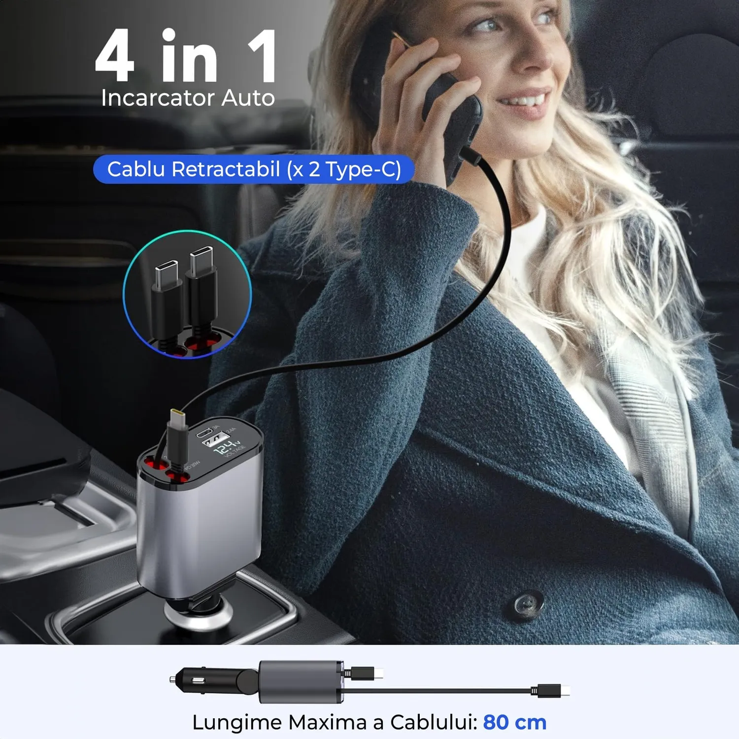 Timebox 4 in 1 66W incarcator auto retractabil