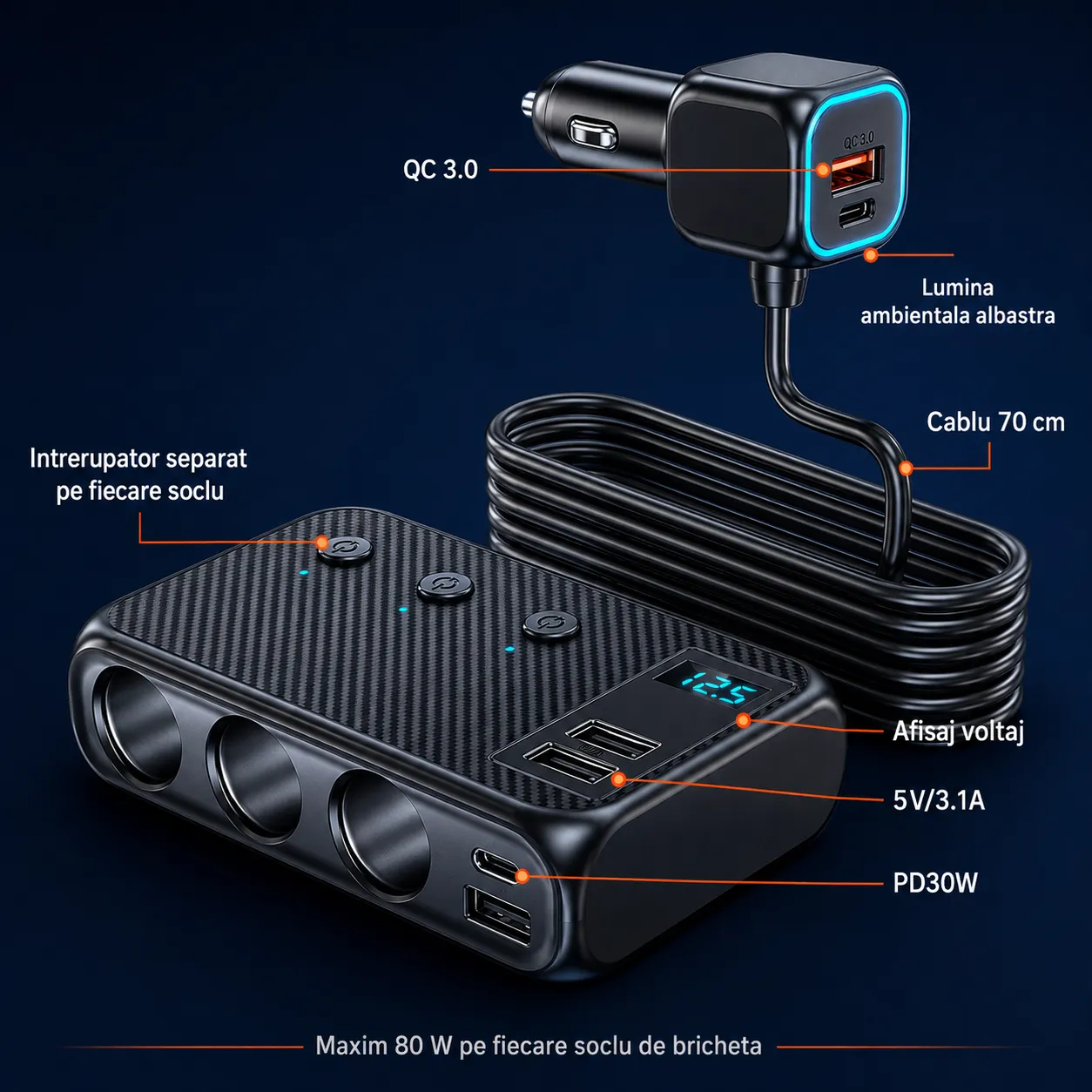 Timebox 9 in 1 171W adaptor auto negru afisaj LED