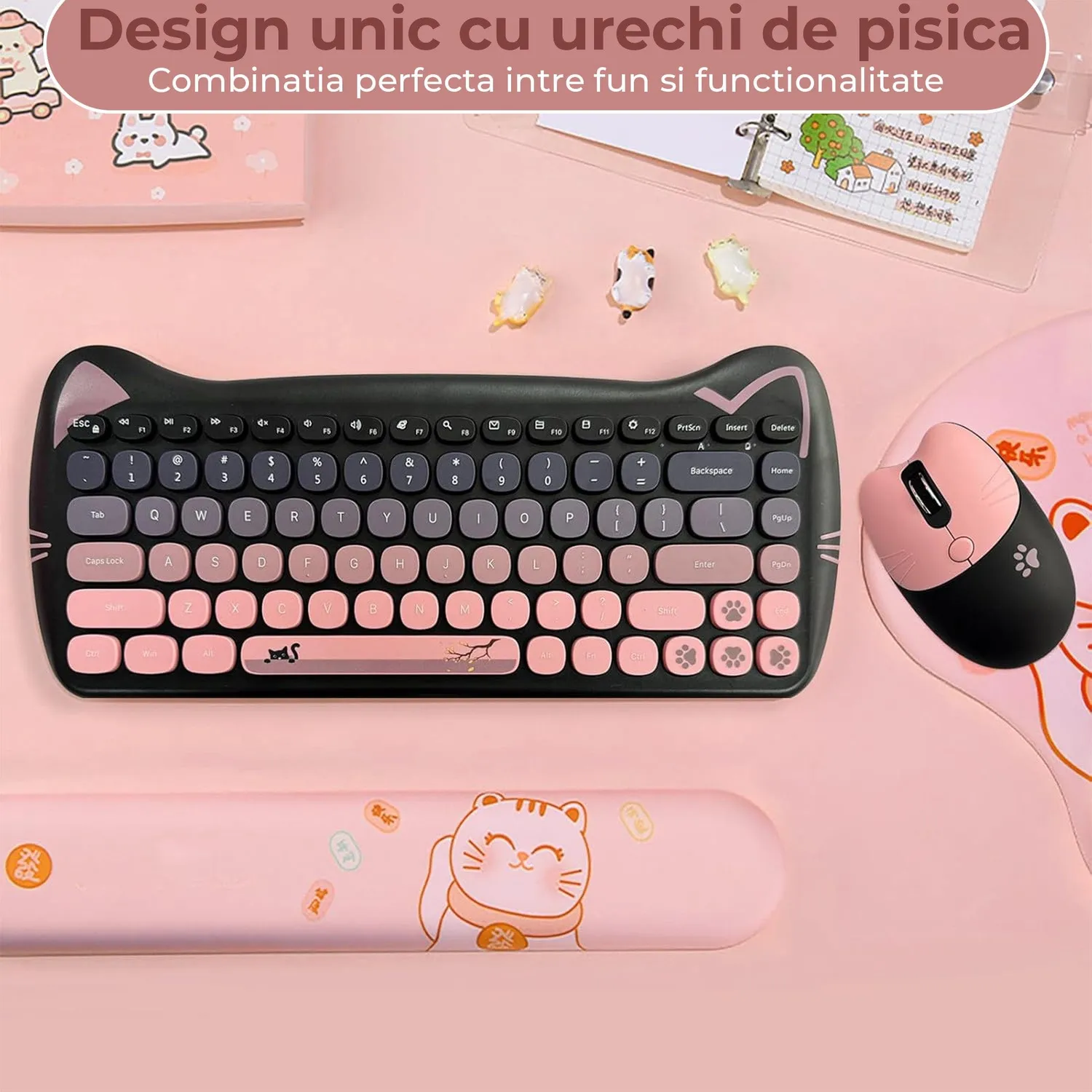 Timebox set tastatura mouse wireless 2.4GHz roz silentios