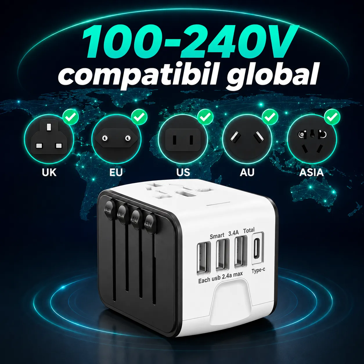 Timebox adaptor universal calatorie alb 3 USB Type-C