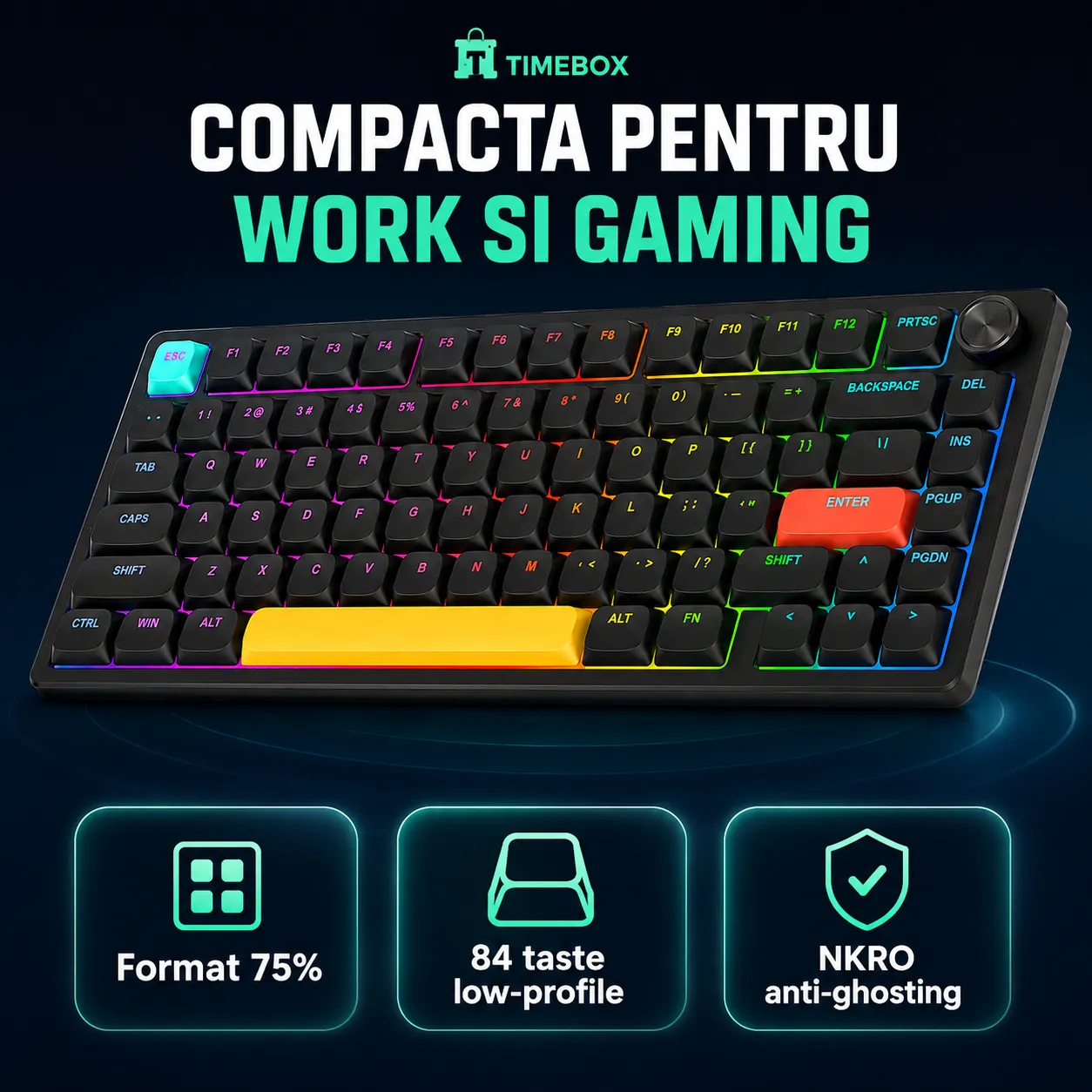 Timebox 75% tastatura mecanica wireless RGB low-profile