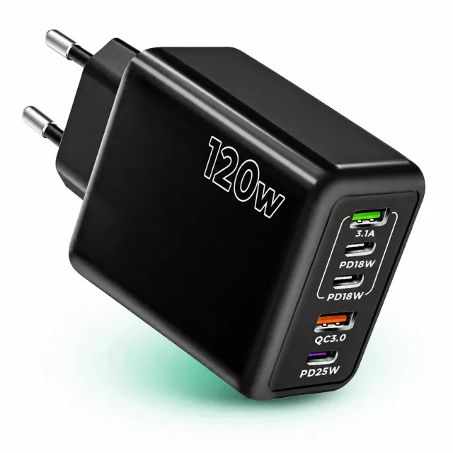 Timebox Încărcător rețea 5 porturi 120W 3x Type-C negru