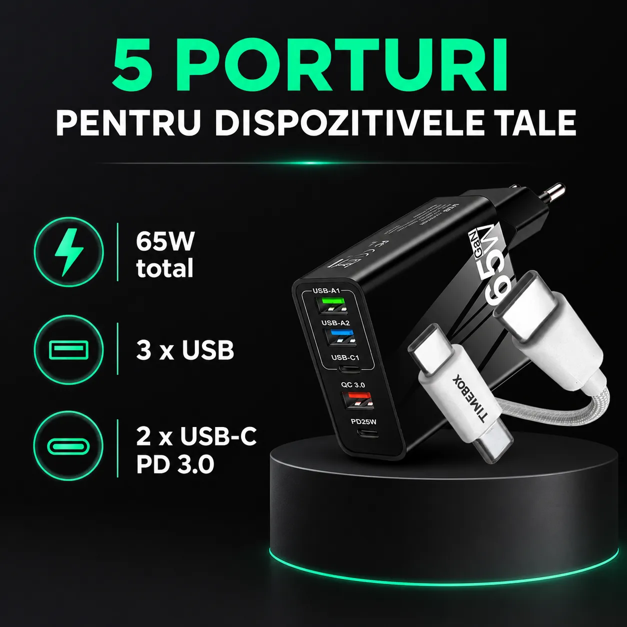 Timebox 65W incarcator retea alb 5 porturi rapid