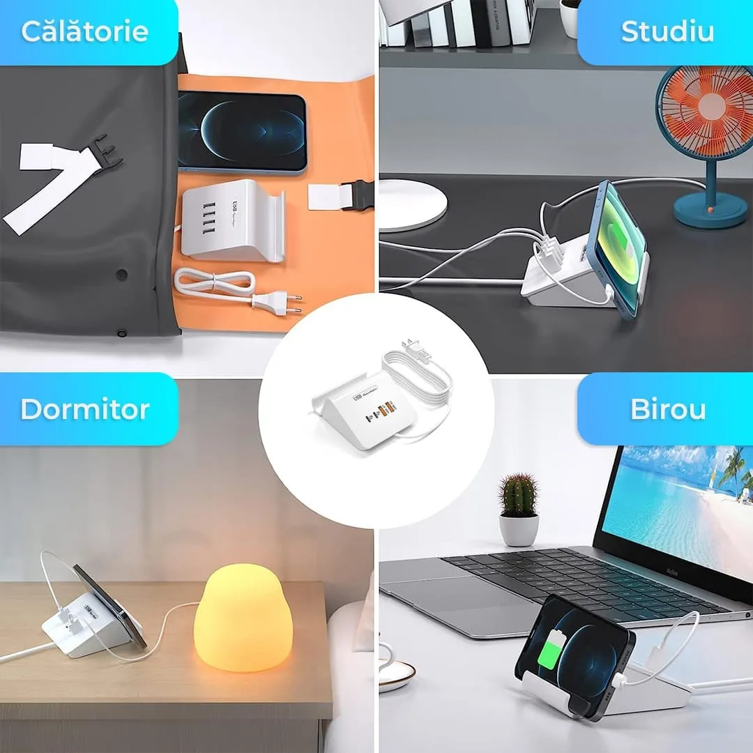 Timebox 45W 4 porturi încărcător rețea alb cu suport