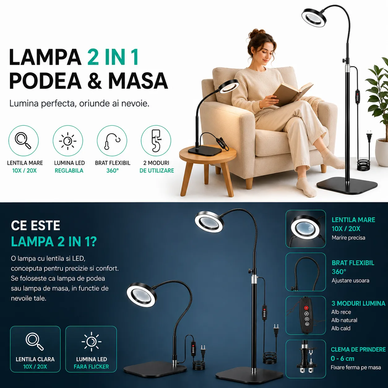 Timebox 20X lampa cu lupa podea reglabila 3 culori