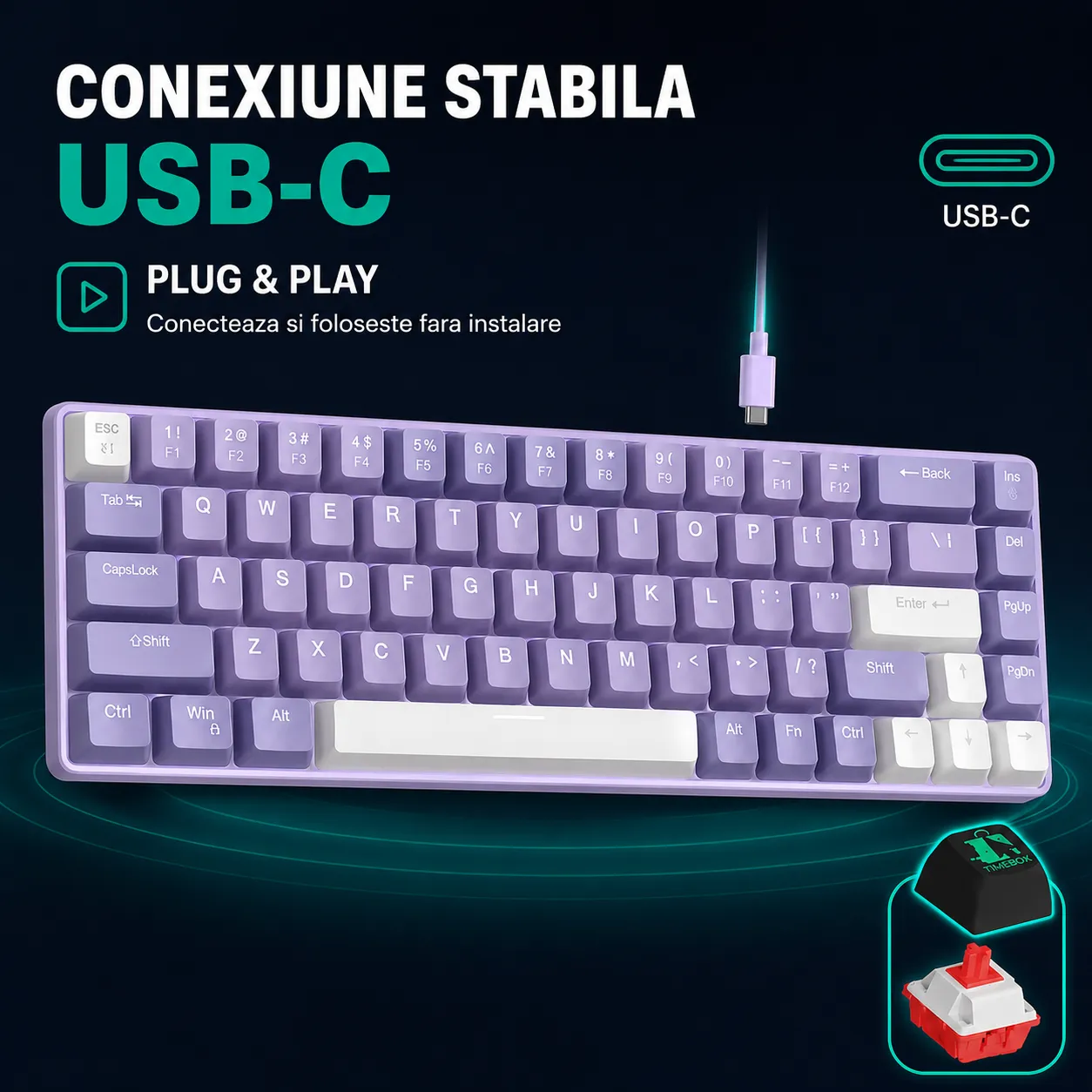 Timebox Tastatură Gaming Mecanică 60% Hot-Swap Violet