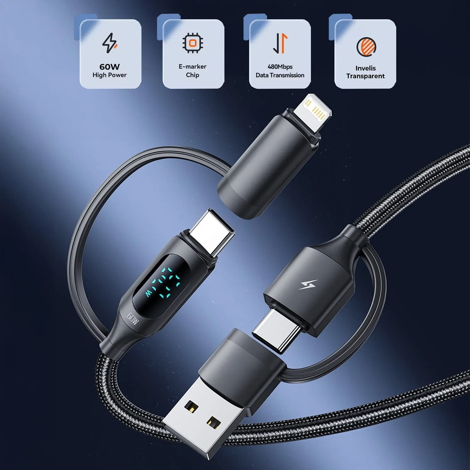 Cablu Timebox 4in1 60W 1,2m negru USB-C Lightning