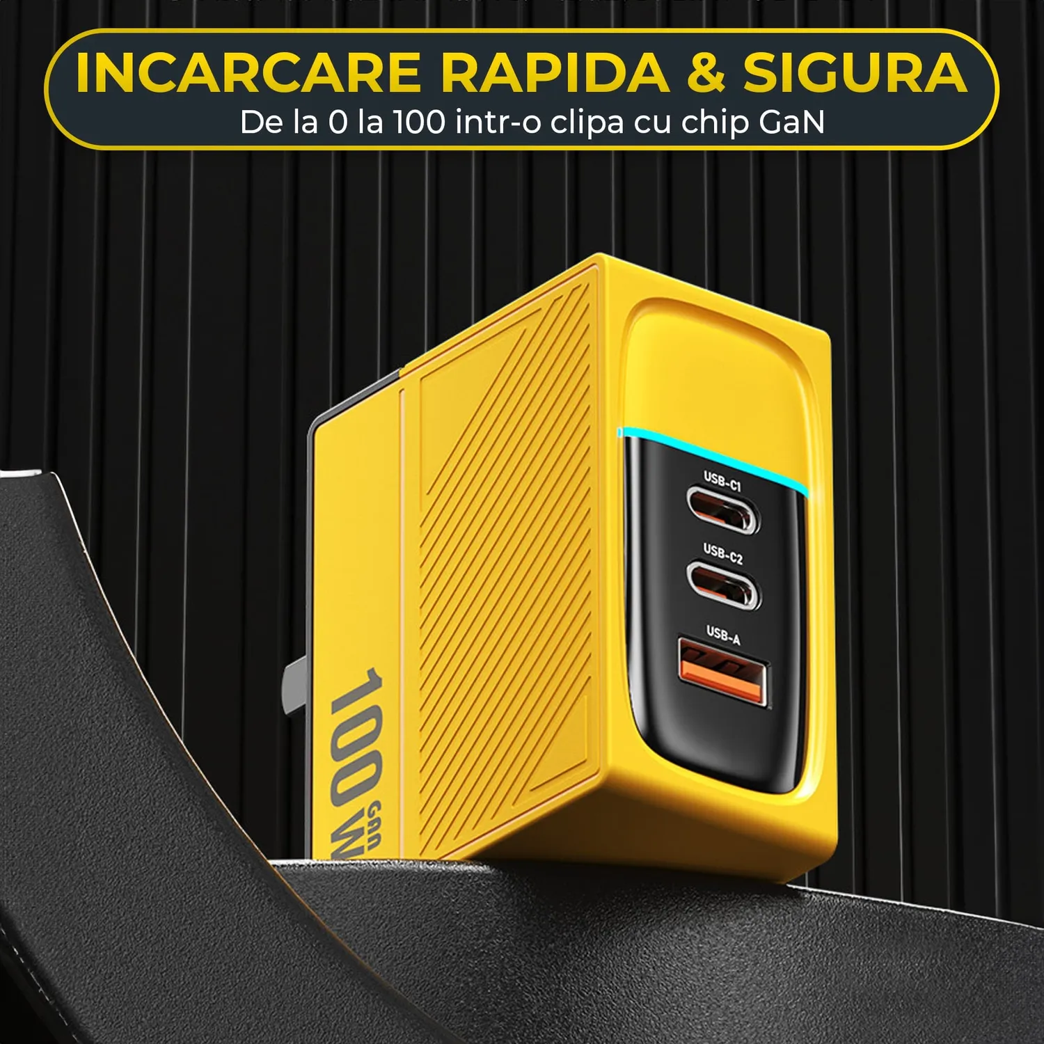 Timebox 100W încărcător rețea Galben 3 porturi LED