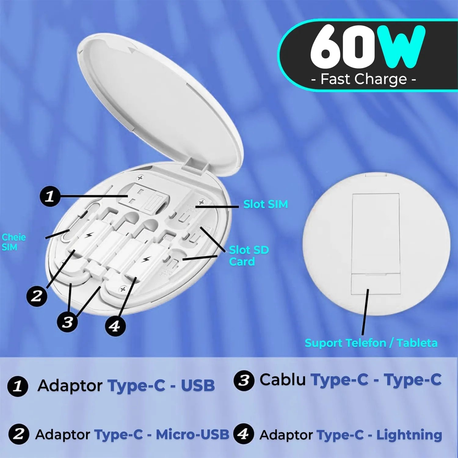 Timebox 5 în 1 cablu date 60W 29cm alb