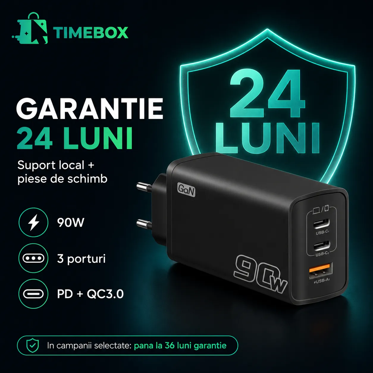 Incarcator retea Timebox 90W 3 porturi GaN fast charge