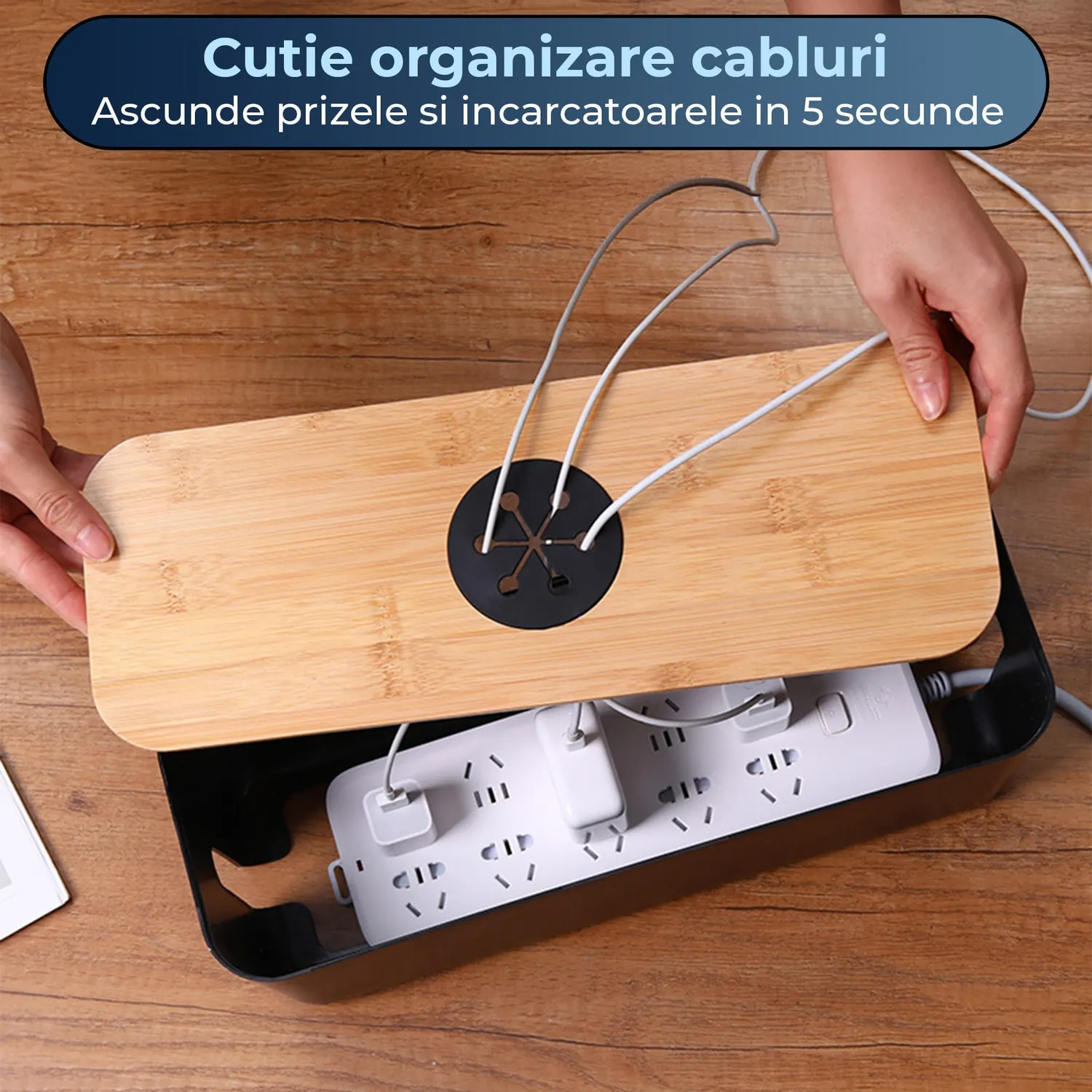 Timebox cutie cabluri cu capac negru orificii rotunde birou TV