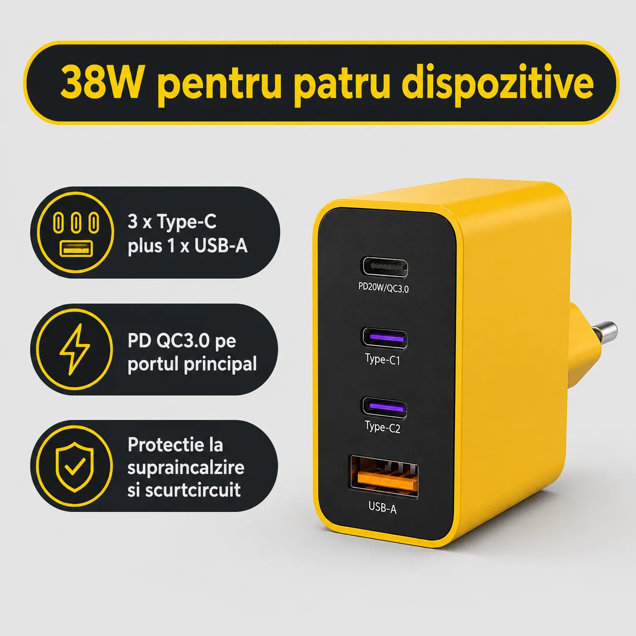 Timebox Incarcator priza 38W 4 porturi galben PD QC3.0