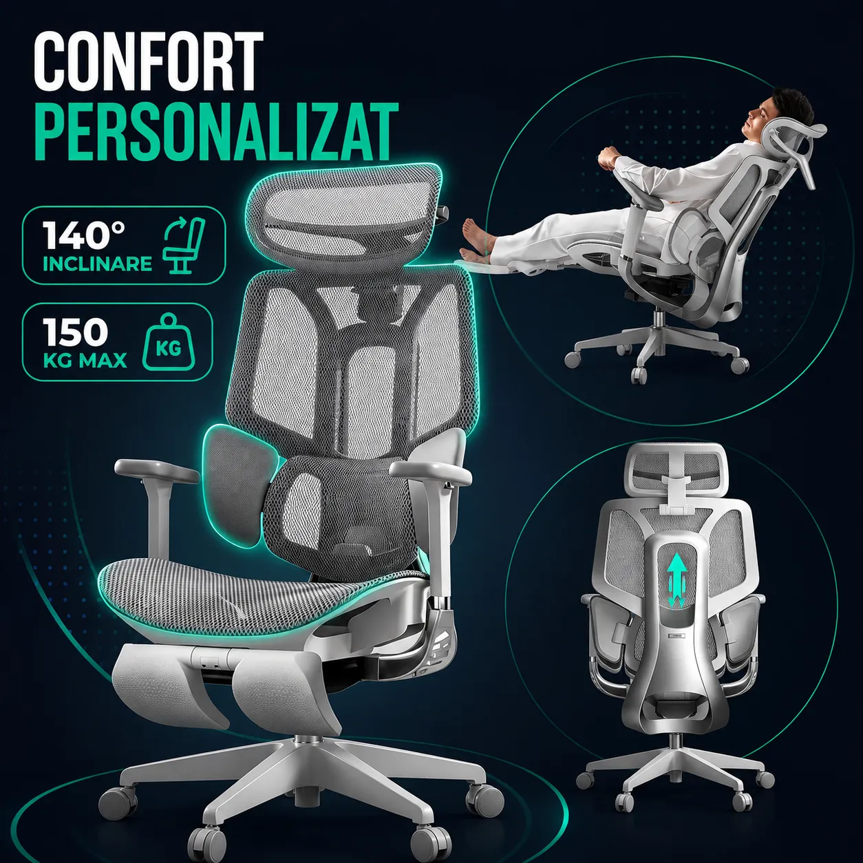 Timebox scaun ergonomic mesh gri tetieră 4D