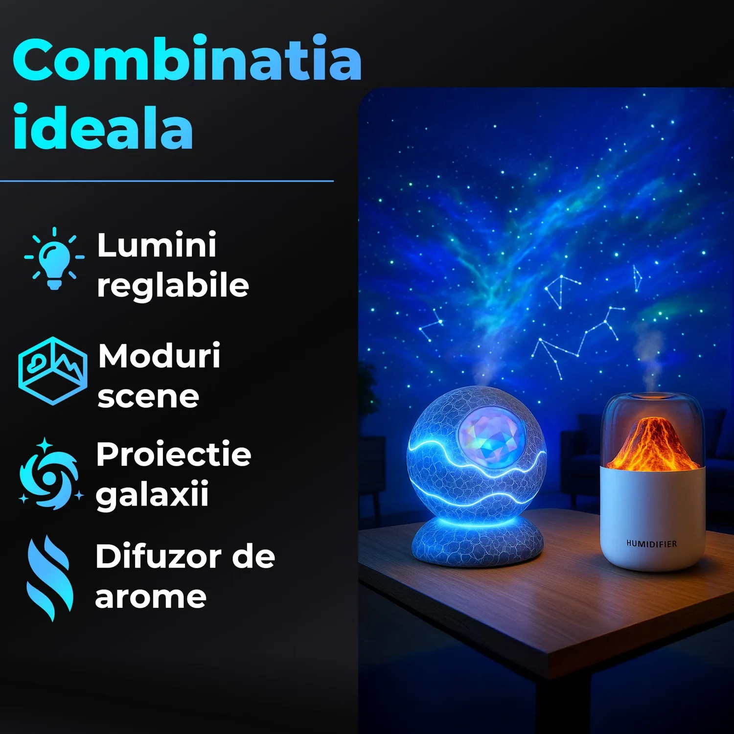 Timebox Pachet Difuzor 300ml + Proiector Galaxie RGB Alb
