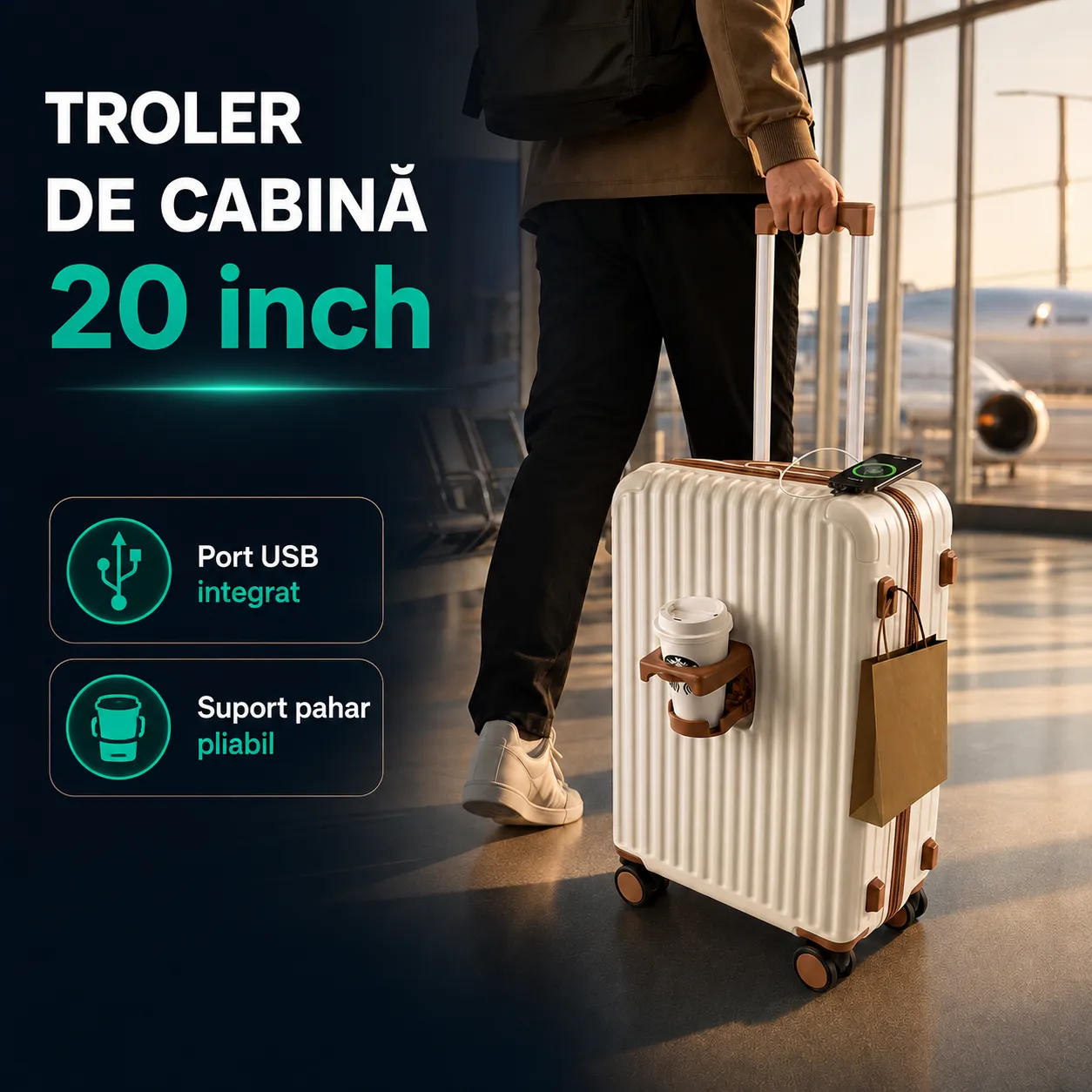 Timebox 20" Troler Cabina ABS 34x22x55cm Alb cu Port USB