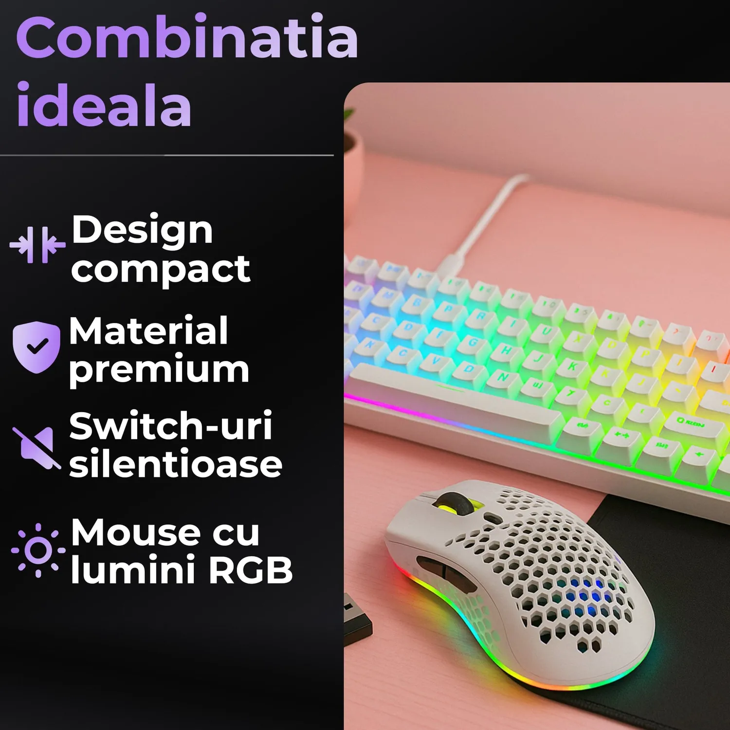 Timebox pachet gaming 60% wireless alb Red Switch tastatura+mouse