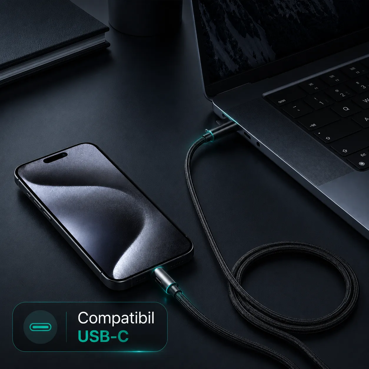 Timebox cablu USB-C 3m negru 90 grade împletit 10W