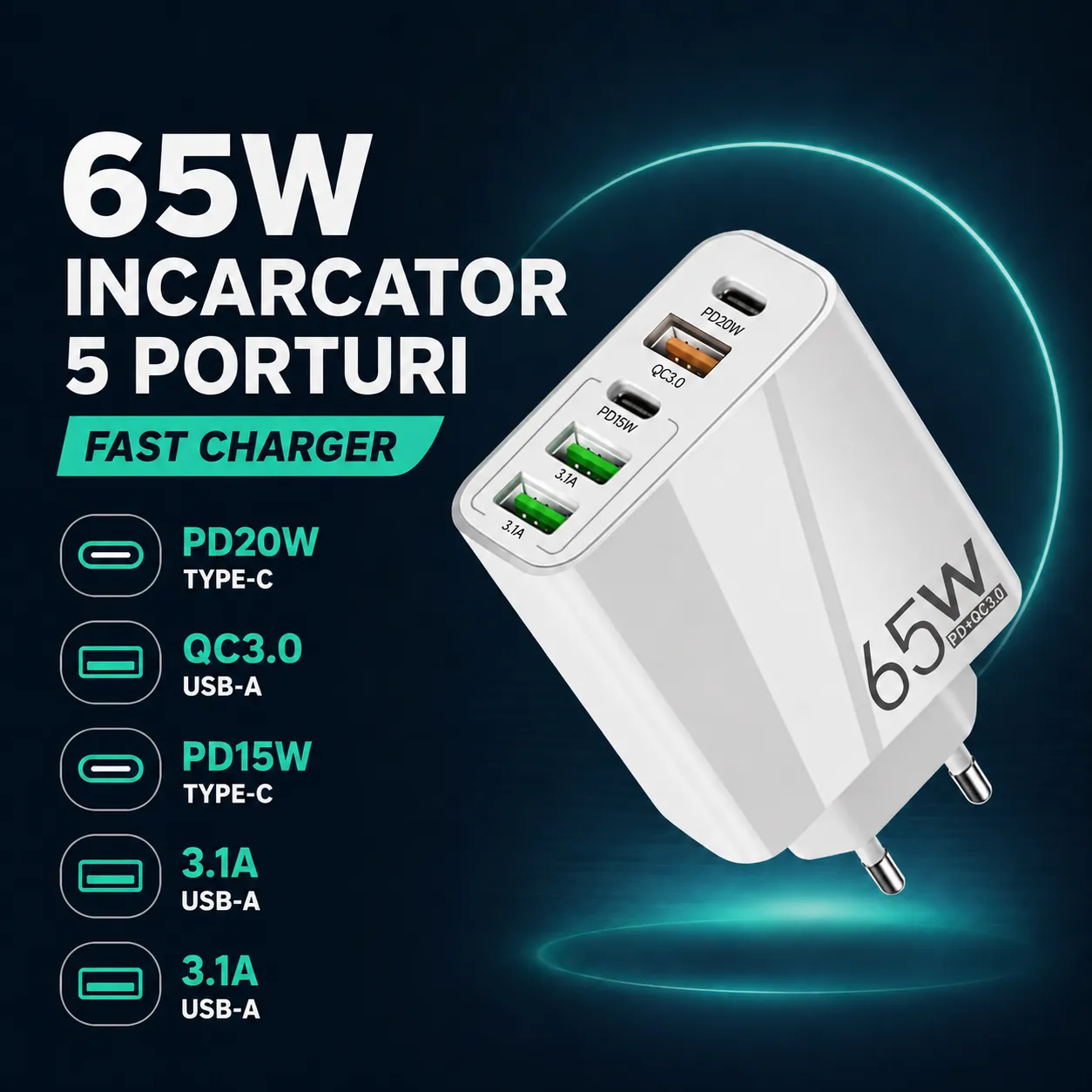 Timebox Incarcator Retea 5 Porturi 65W USB Type-C Alb