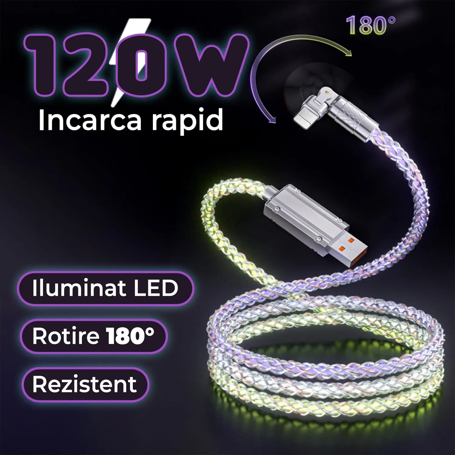 Cablu Timebox USB-Lightning 120W 1m LED