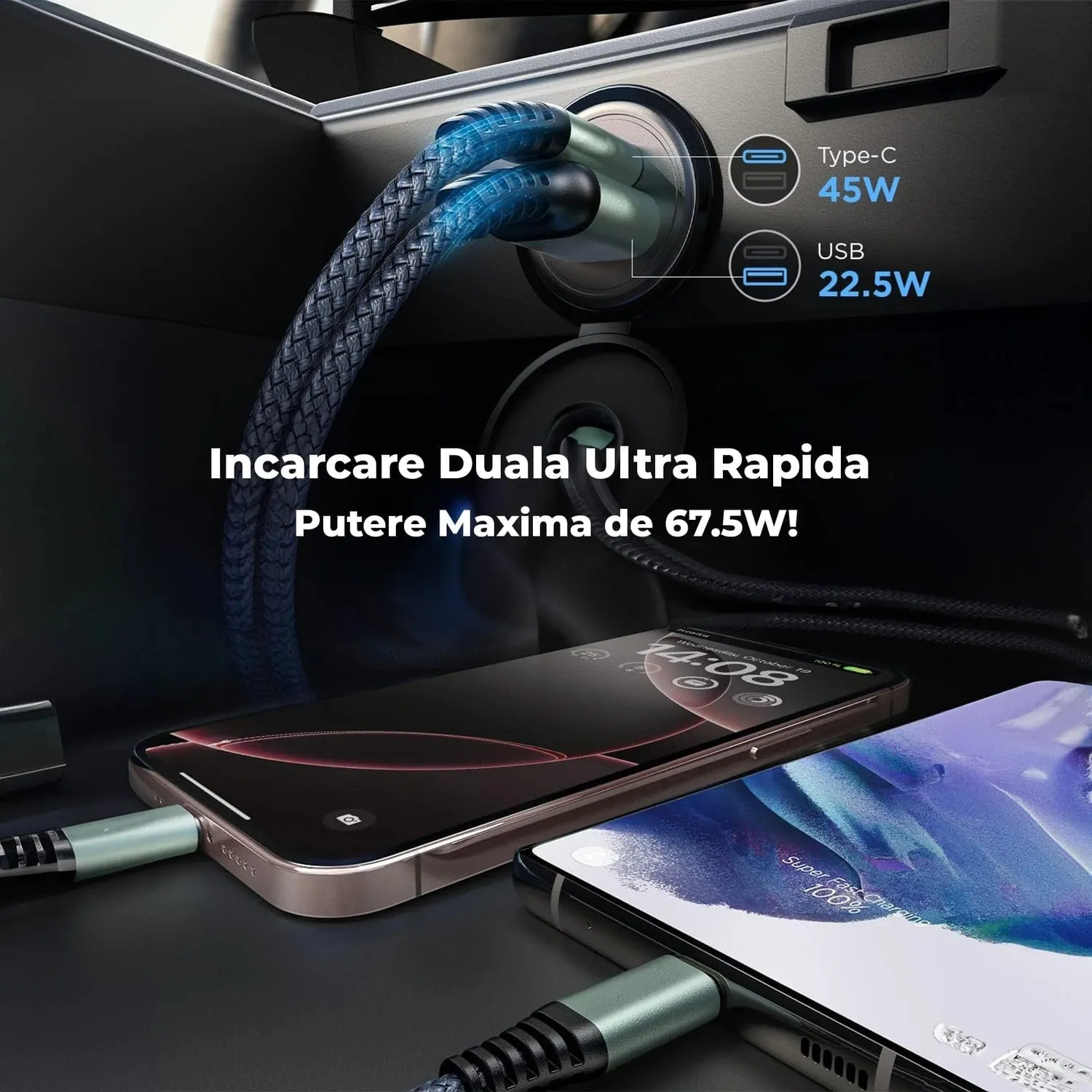 Timebox 67W incarcator auto USB-C + cablu 1m negru